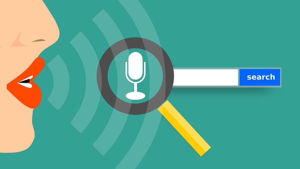 Illustration of voice search technology with a microphone icon and search bar, representing voice search optimization for improved SEO and digital marketing